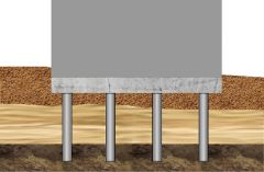 Schematische Darstellung der Überbrückung nicht tragfähiger Bodenschichten (hellgelb) mit Hilfe einer Pfahlgründung.